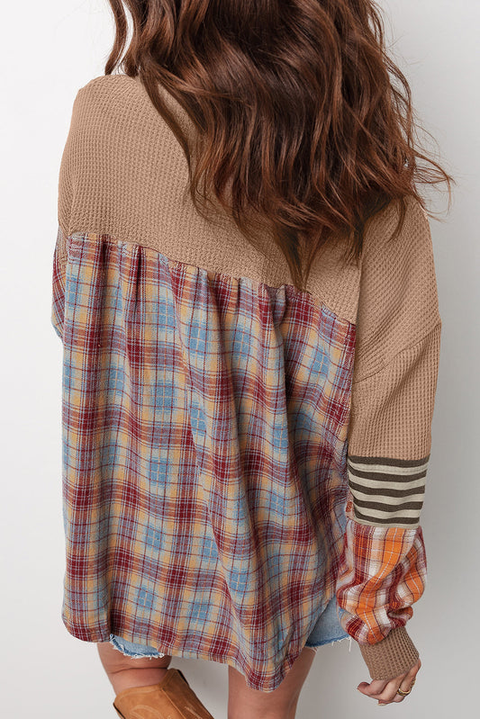 Aaliyah Waffle Stripe Plaid Patchwork Henley Knit Top