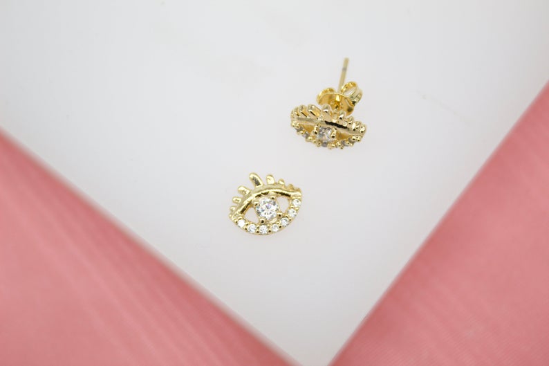 18K Gold Filled Evil Eye Stud Earrings With Clear CZ Stones (L76)-1