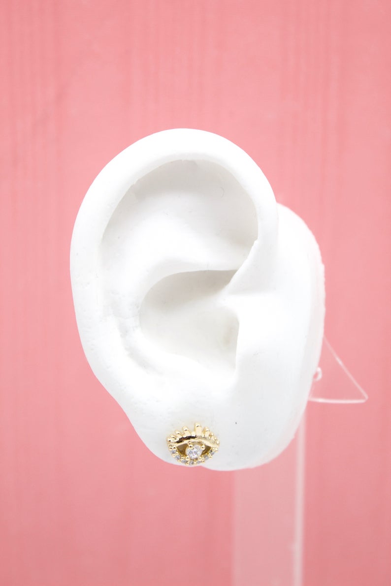 18K Gold Filled Evil Eye Stud Earrings With Clear CZ Stones (L76)-2